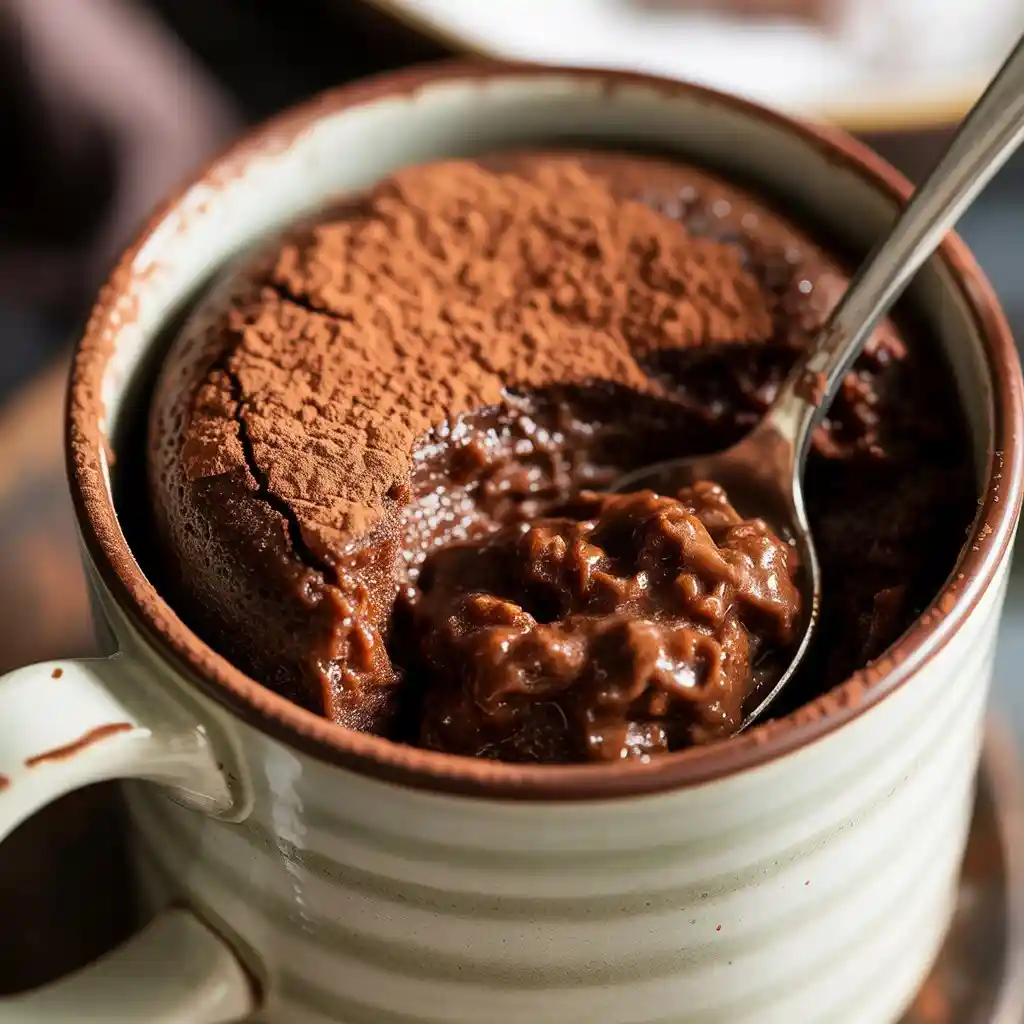 A close-up shot of a rich, moist chocolate protein mug cake in a white ceramic mug, with a spoon digging into the center