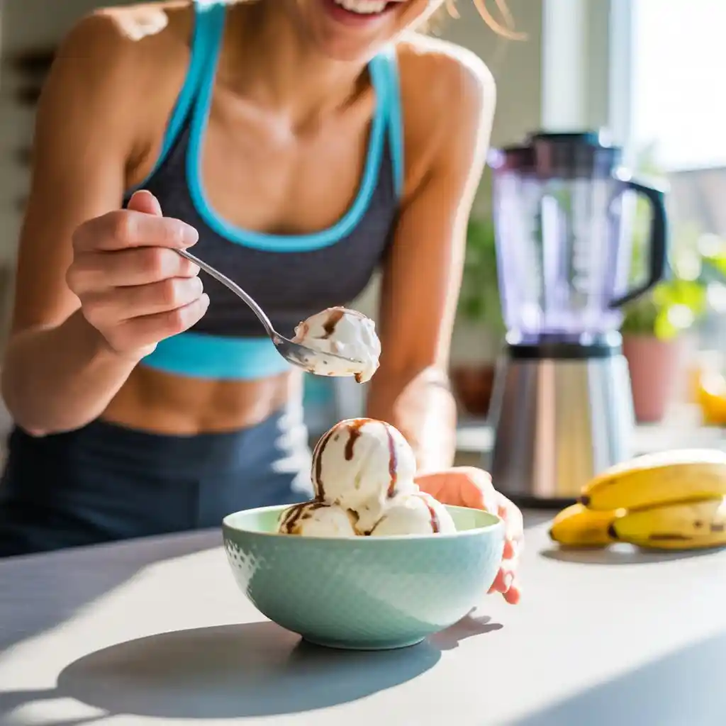 A young person smiling while enjoying a healthy bowl of frozen protein "nice cream" with berries on a sunny kitchen counter.