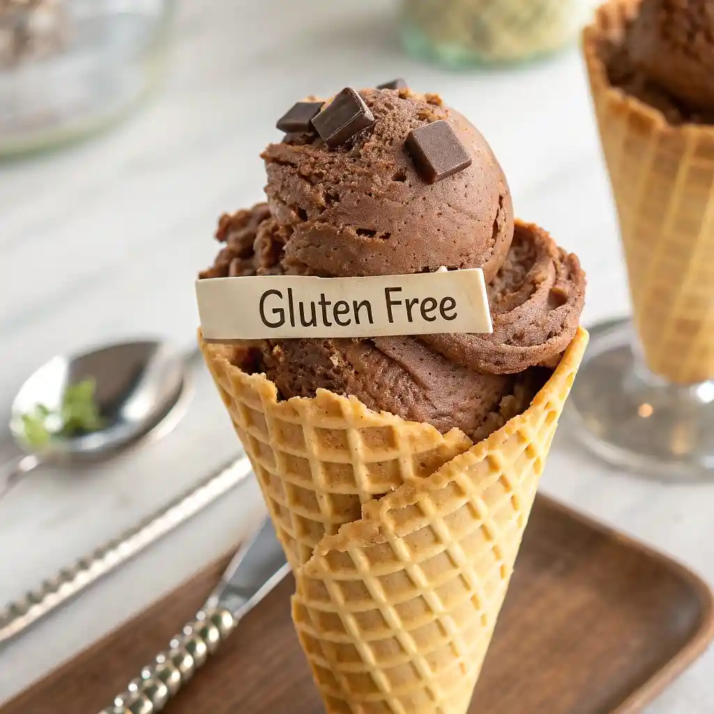 chocolate gluten-free ice cream in a cone.