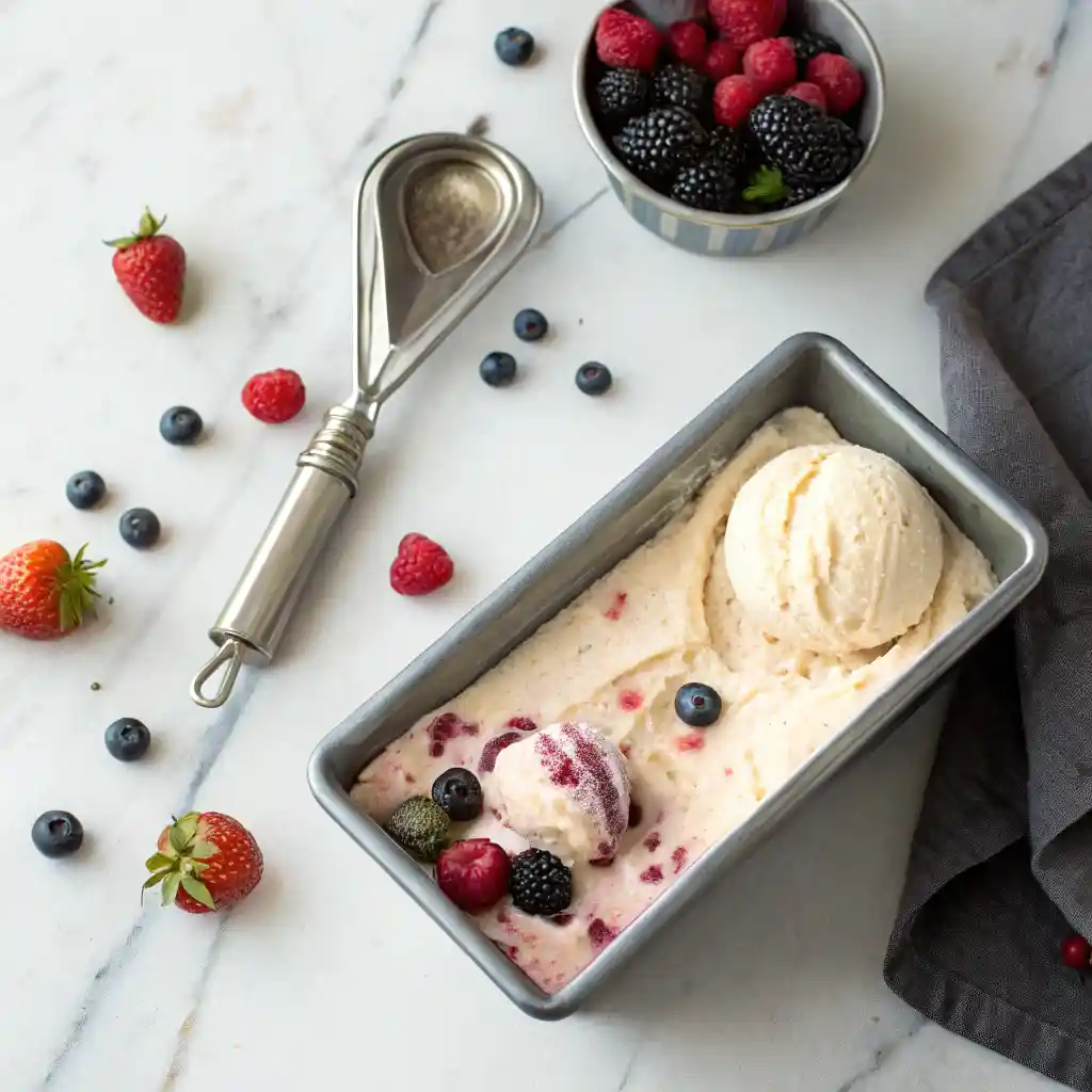 homemade no-churn gluten free ice cream with fresh berries.