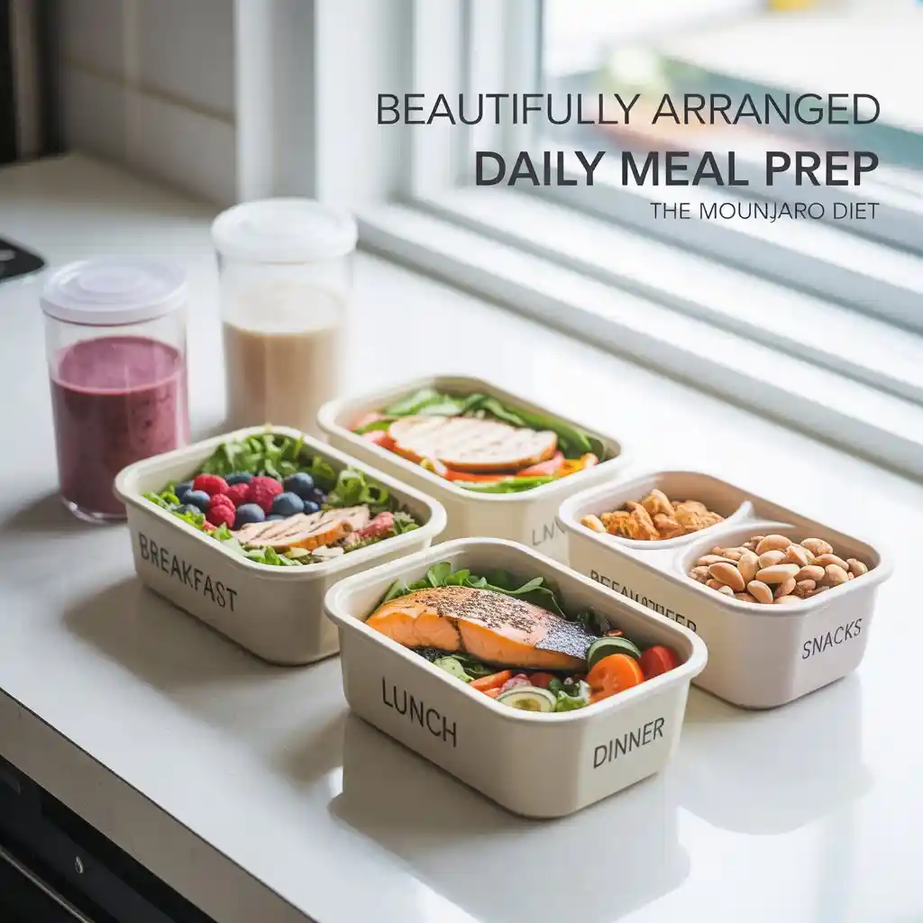 daily meal prep containers showing breakfast, lunch, dinner and snacks for Mounjaro diet, organized and labeled