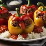 Stuffed Peppers with Ground Beef, Rice and Tomato Sauce