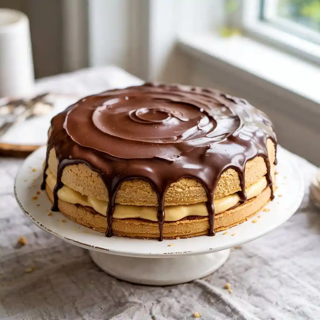 A close-up of a slice of Boston Cream Cake, revealing the custard filling and glossy chocolate topping.