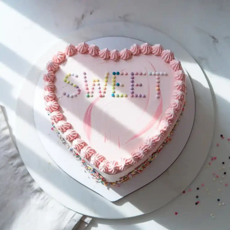 Top-down view of a marbled pink heart shaped cake decorated with sprinkles and buttercream frosting.