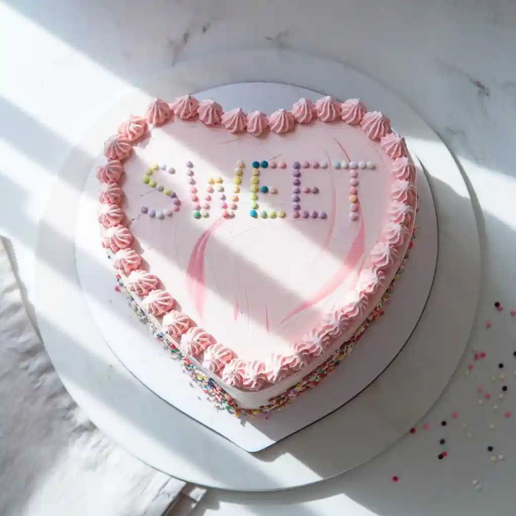 Top-down view of a marbled pink heart shaped cake decorated with sprinkles and buttercream frosting.