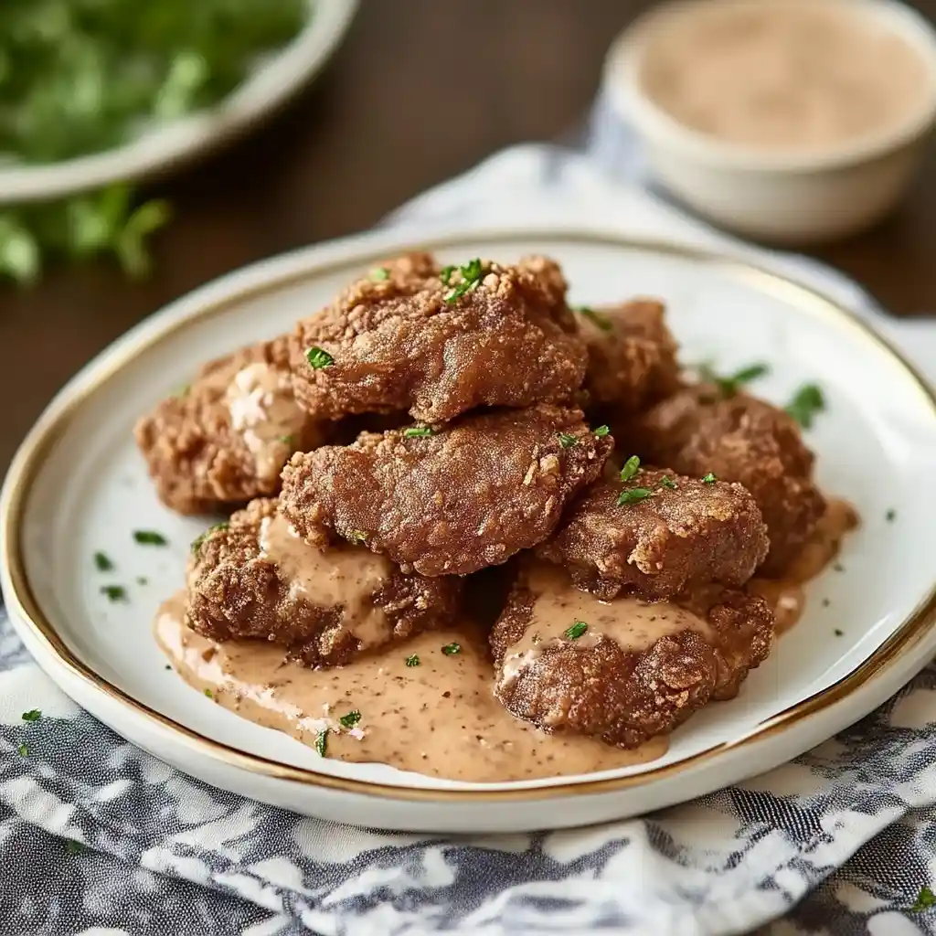 Crispy southern fried chicken livers on white plate