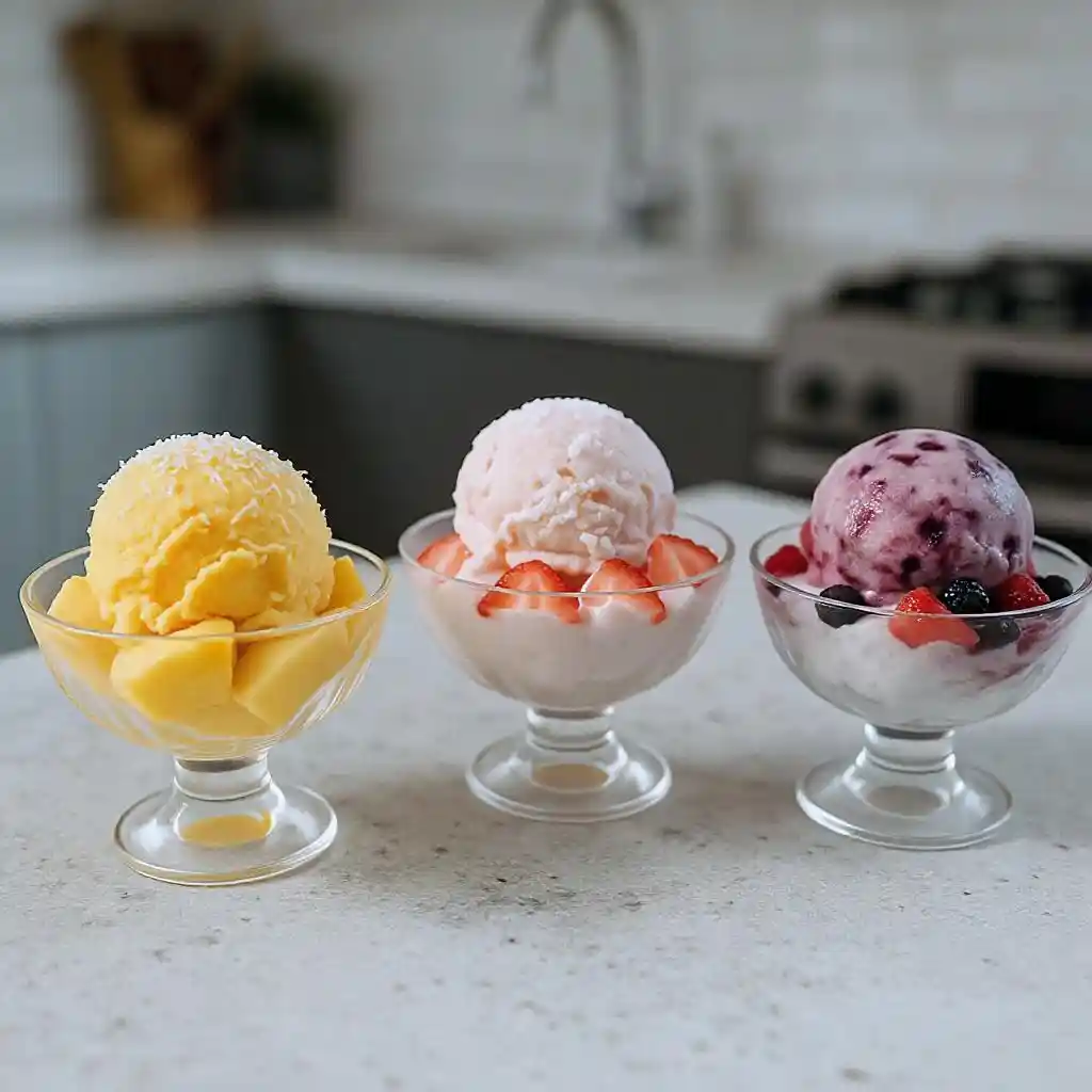 Mango, strawberry, and berry yogurt fruit ice cream in bowls