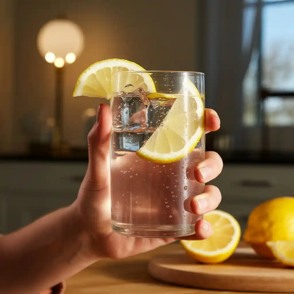 Glass of 7 second ice water hack recipe with lemon