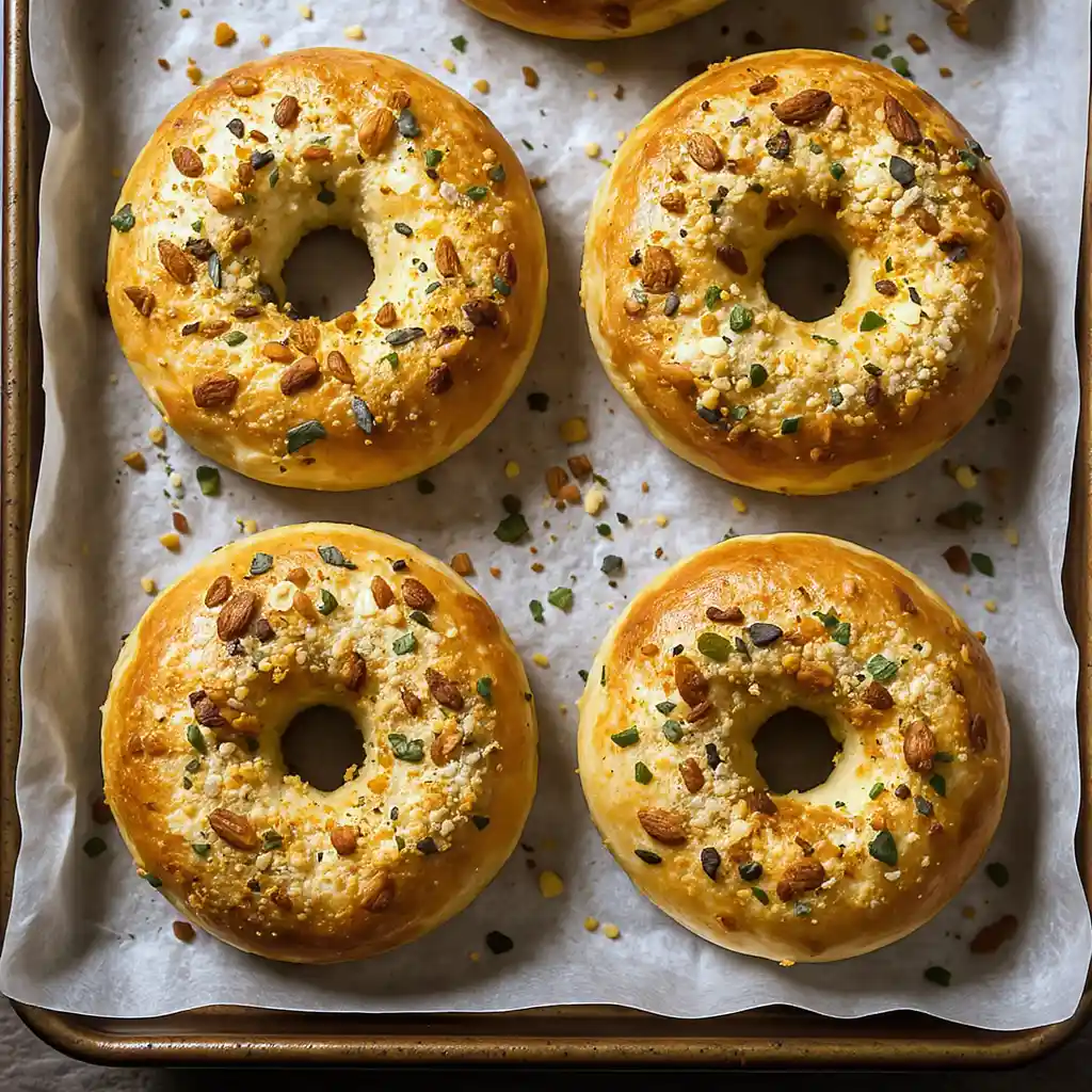 Almond Flour bagels with everything seasoning fresh from oven