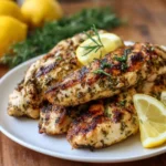 Grilled chicken tenders garnished with fresh lemon slices and herbs, served on a white plate.