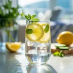 Ice Water Hack Recipe with lemon slices and mint leaves on a sunlit table.