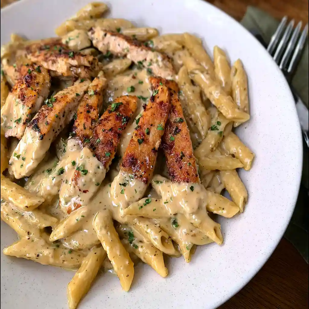 Creamy garlic parmesan chicken pasta with seared chicken breast and parmesan garnish