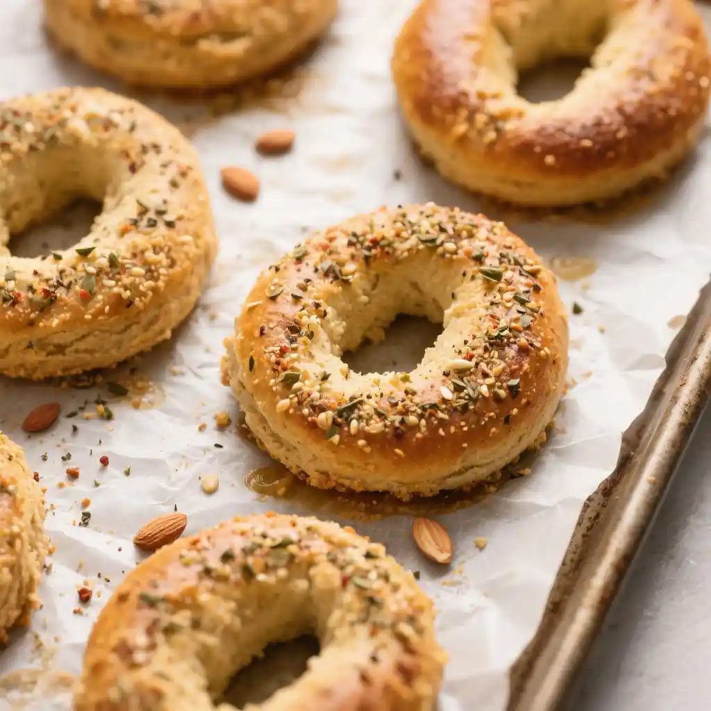 Low carb bagels with everything seasoning fresh from oven
