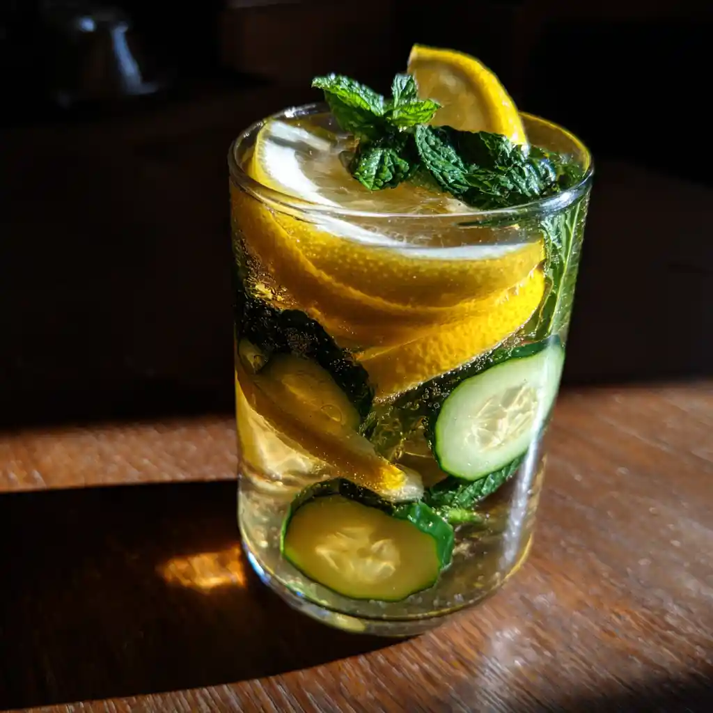 Tall glass of homemade zepbound recipe with cucumber and lemon