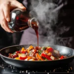 person pouring gluten free soy sauce into stir fry pan