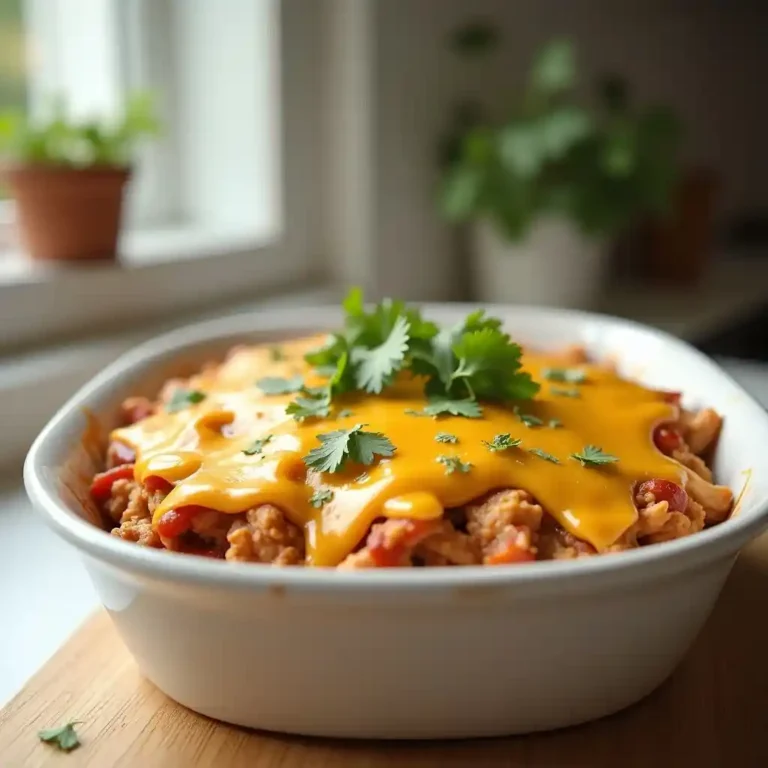 Chicken taco casserole topped with melted cheese and cilantro