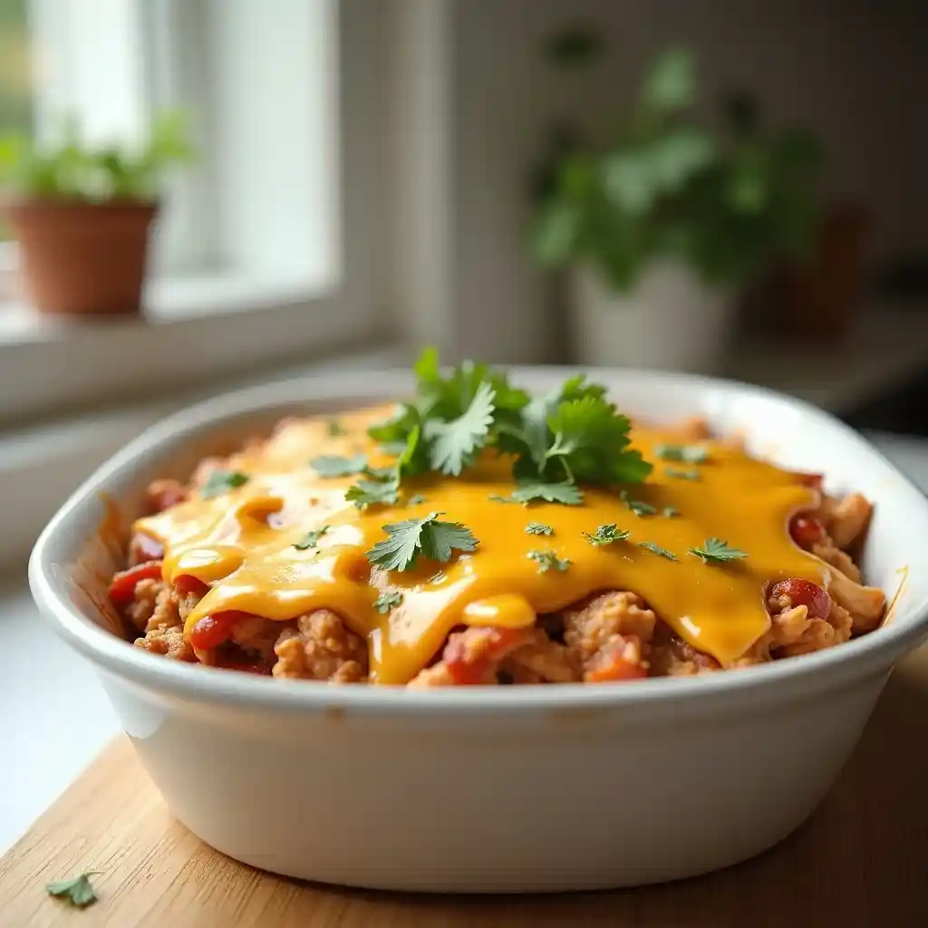 Chicken taco casserole topped with melted cheese and cilantro