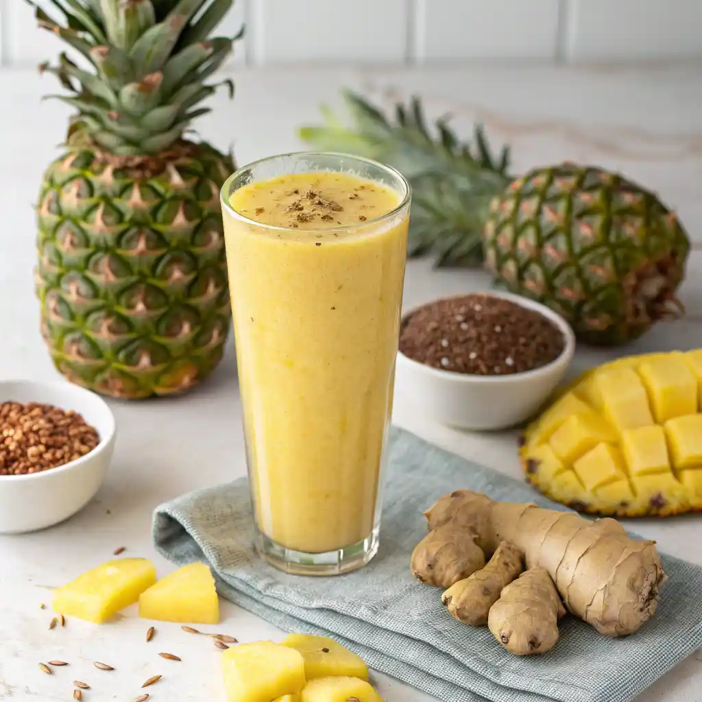 Pineapple ginger fat burning smoothie with flaxseed and protein powder for weight loss and digestion