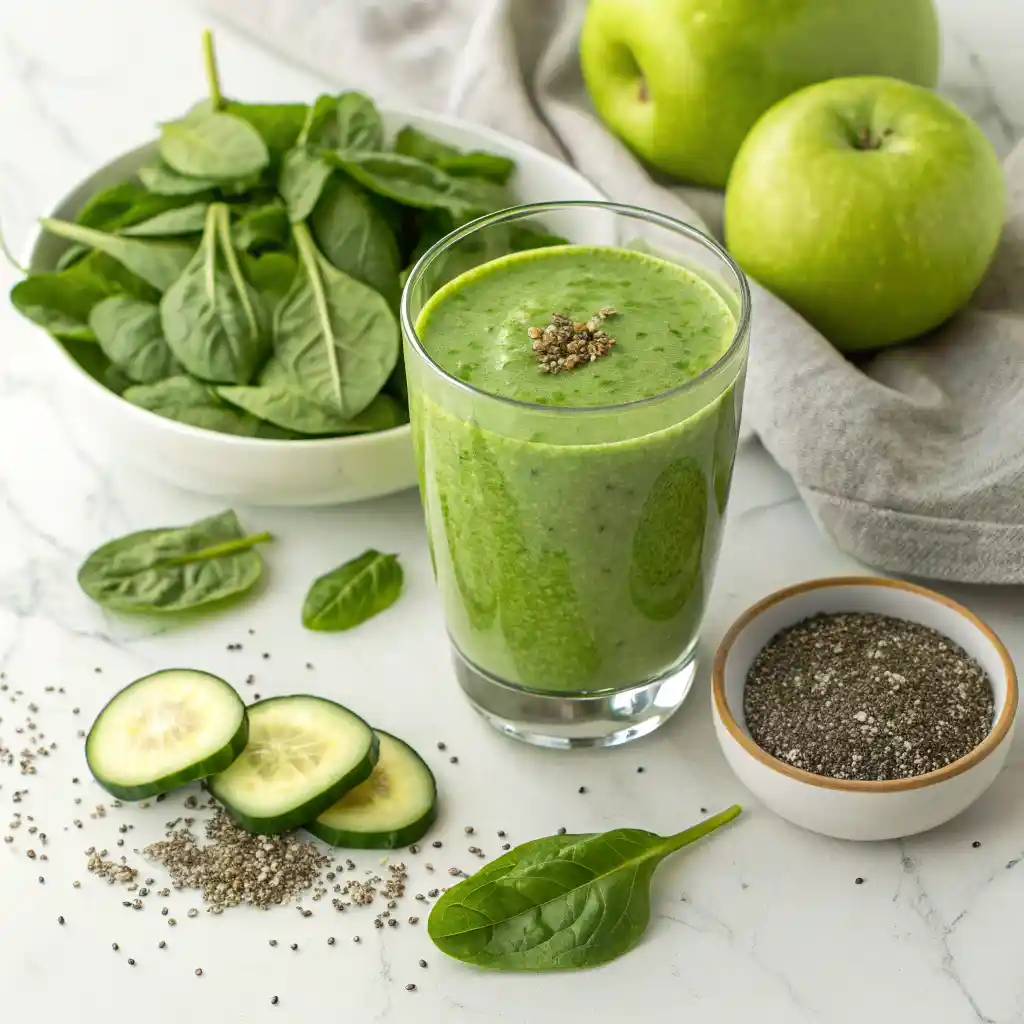 Green detox fat burning smoothie with spinach cucumber apple ginger and chia seeds for weight loss
