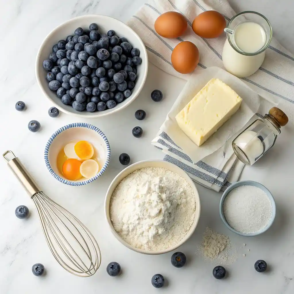 Ingredients for gluten free blueberry muffins laid out including flour blend, fresh blueberries, and buttermilk