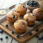 Fluffy gluten free blueberry muffins with golden tops and sparkly sugar on a cooling rack with fresh blueberries scattered around