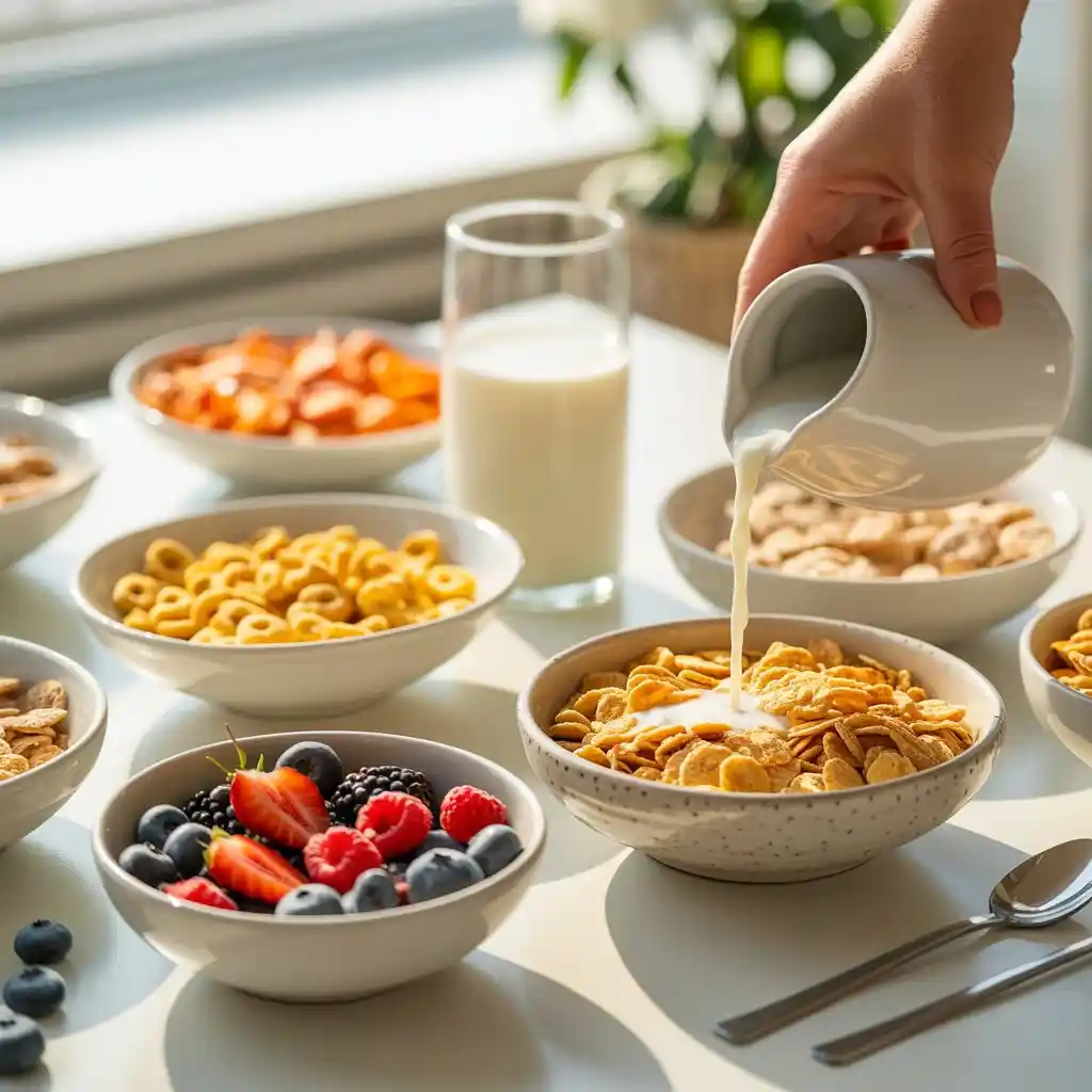 Variety of healthy gluten free cereal brands in bowls with fresh fruit and milk on breakfast table