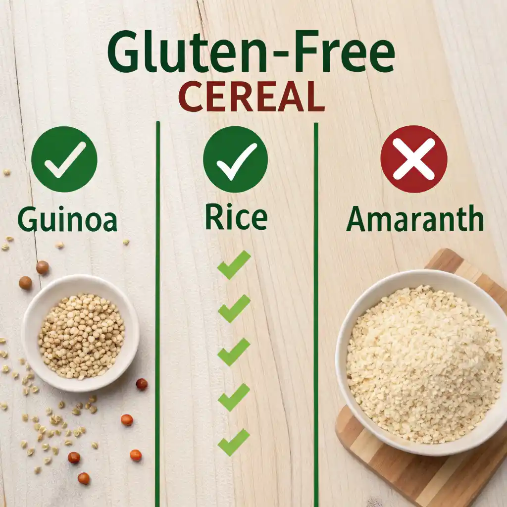 Visual guide showing safe gluten free grains like quinoa and rice versus gluten-containing ingredients to avoid