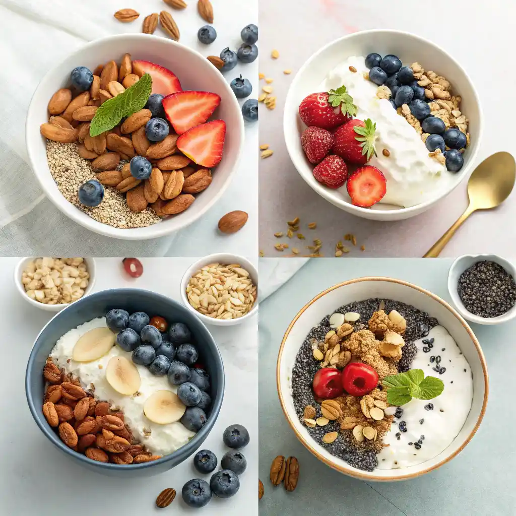 Four creative gluten free cereal breakfast bowl ideas with berries, nuts and healthy toppings