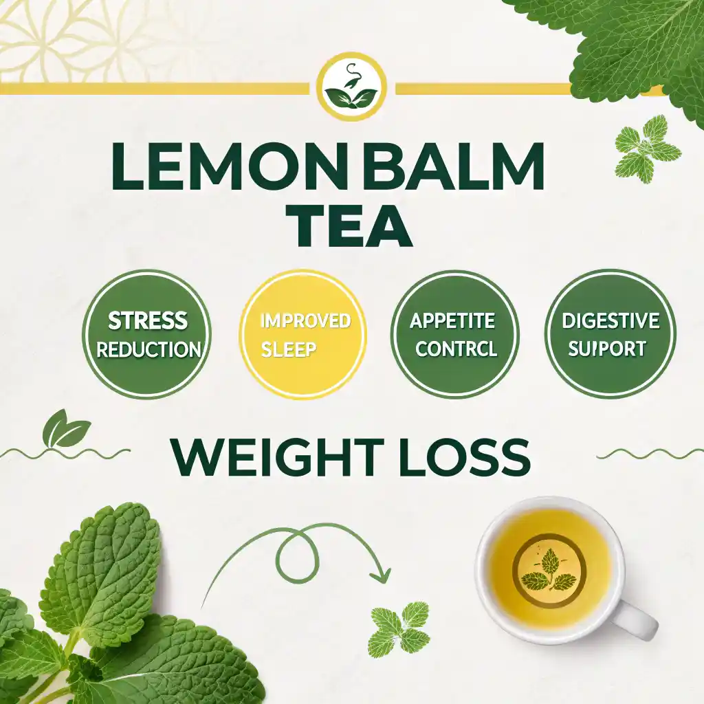 Lemon balm tea weight loss benefits infographic showing stress relief, sleep improvement, appetite control and digestive health