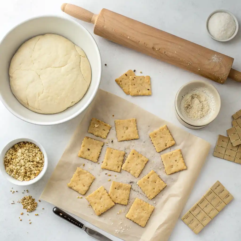 Step by step process showing gluten free cracker dough mixing, rolling, cutting and baking stages