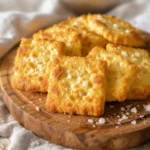 Homemade gluten free crackers on wooden cutting board with flaky sea salt topping and herbs