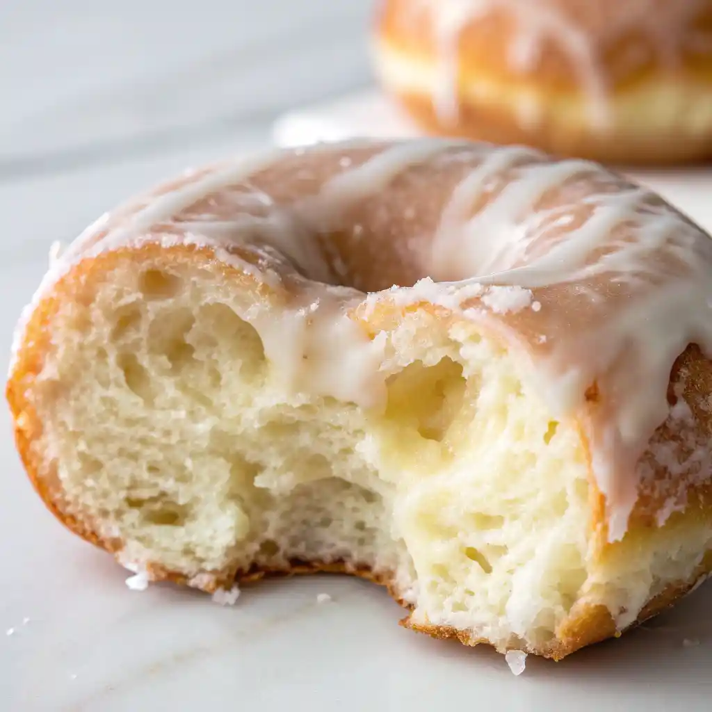 Close up cross section of gluten free doughnut showing perfect fluffy airy interior texture and golden exterior