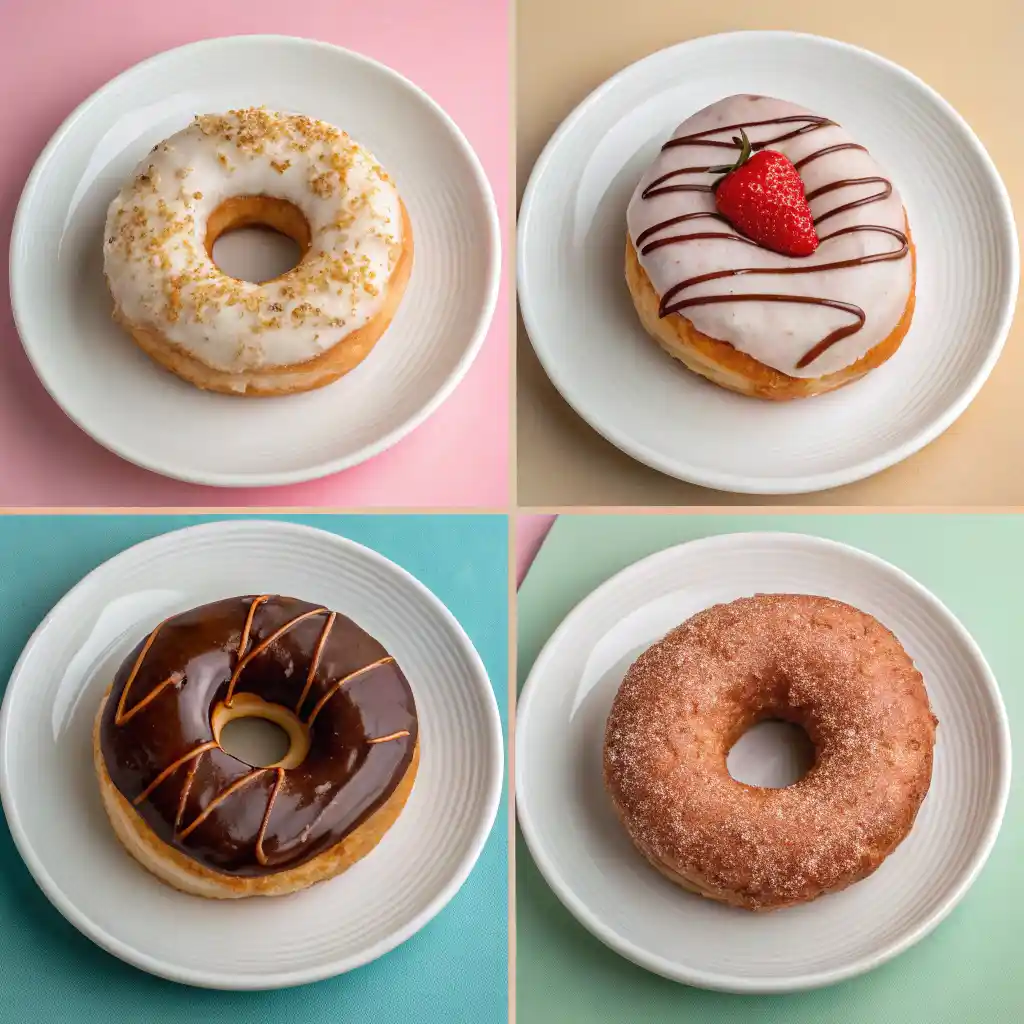 Four different glaze options for gluten free doughnuts showing vanilla chocolate strawberry and cinnamon sugar varieties