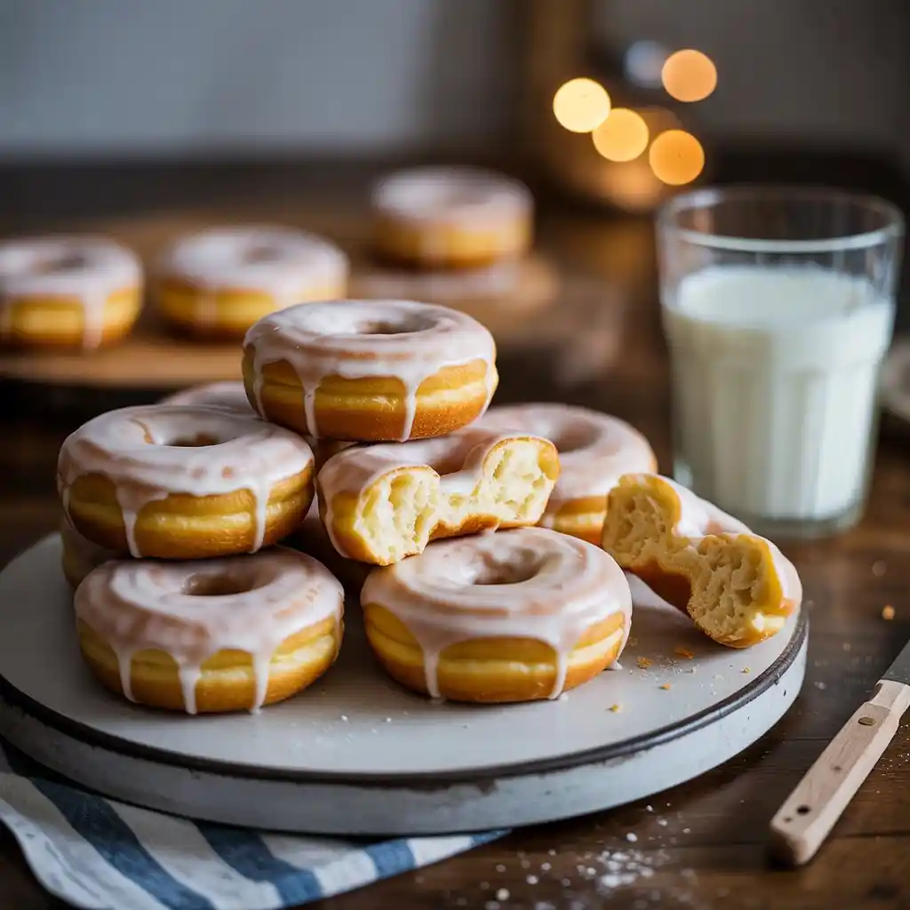 Freshly baked gluten free doughnuts with golden glaze on wooden board showing soft fluffy texture perfect for celiac diet