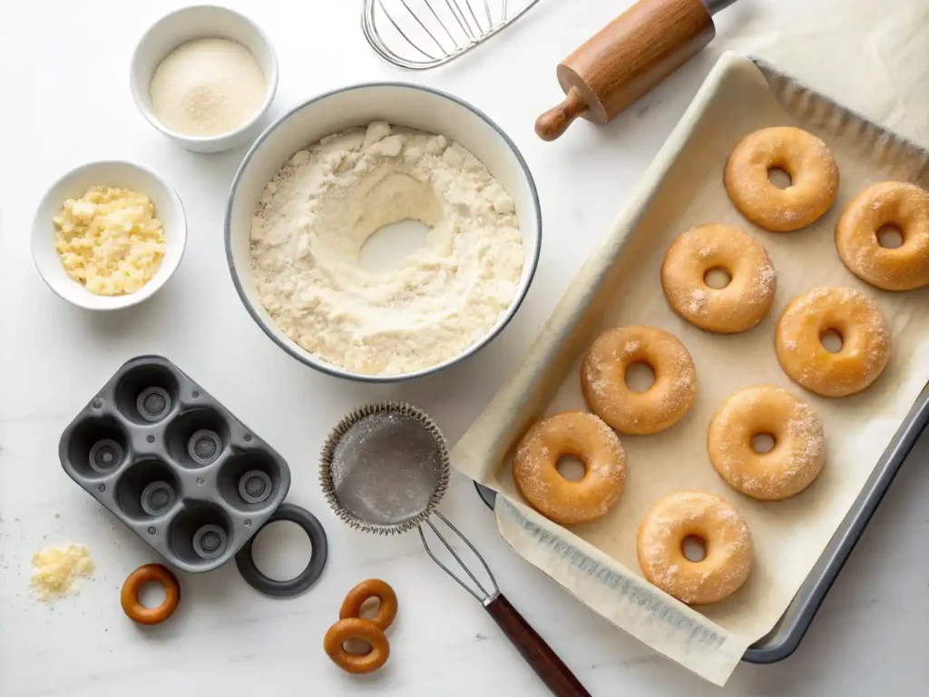 Step by step gluten free doughnuts making process from flour blend to finished glazed donuts