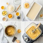Step by step lucuma ice cream making process with ingredients and equipment
