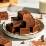 Squares of rich, creamy 3-ingredient chocolate fudge stacked on a white plate with chocolate chips scattered around