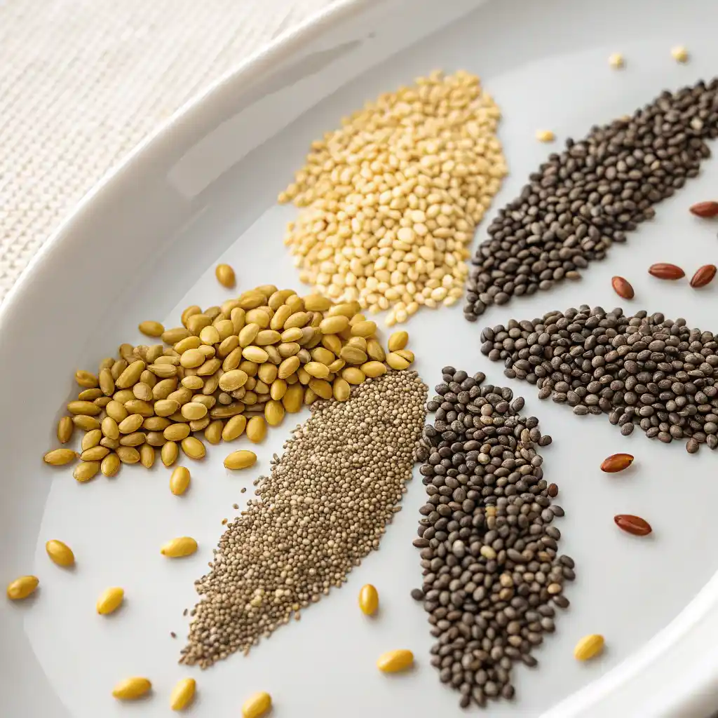 Close up of chia seeds, flax seeds, and basil seeds used in bariatric seed trick