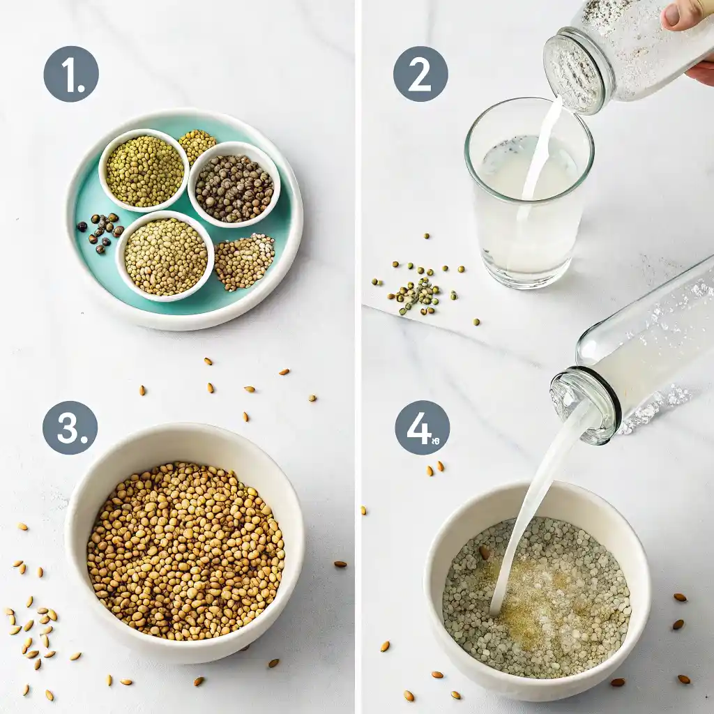Step by step process of making bariatric seed trick drink with labeled ingredients