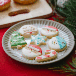 Decorated easy gluten-free Christmas cookies on a white plate with festive sprinkles and royal icing