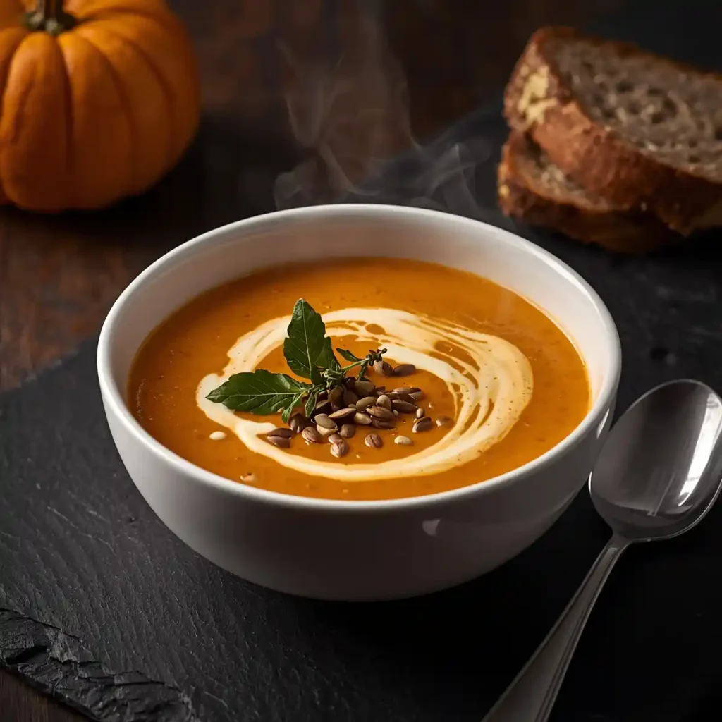 Healthy pumpkin recipes including oatmeal, soup, and desserts arranged on a rustic wooden table with fresh pumpkins