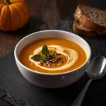 Healthy pumpkin recipes including oatmeal, soup, and desserts arranged on a rustic wooden table with fresh pumpkins