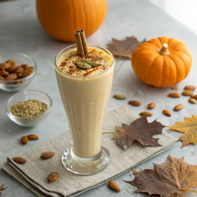 Low-carb pumpkin spice protein smoothie in glass with cinnamon garnish on modern table