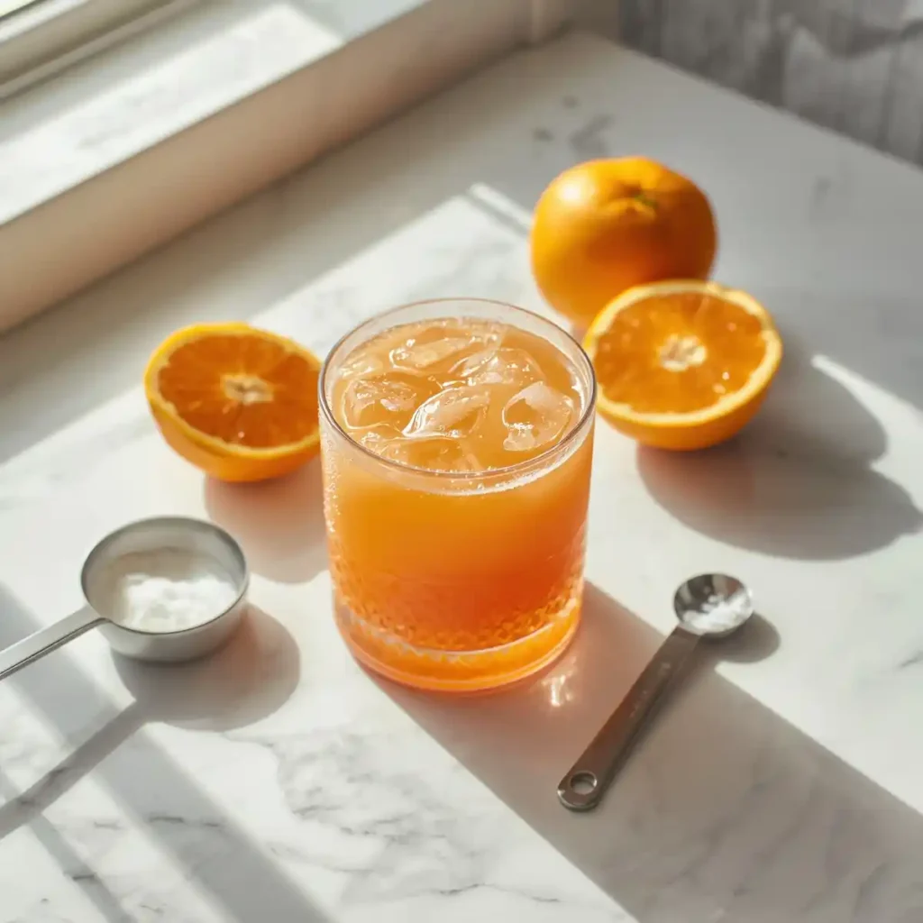 Cortisol cocktail recipe for weight loss in clear glass with fresh oranges, sea salt and cream of tartar on marble counter