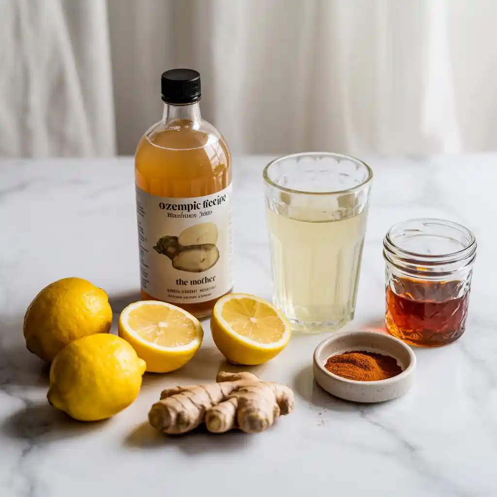 Natural Ozempic Recipe in glass with lemon, ginger, and apple cider vinegar on moderne table
