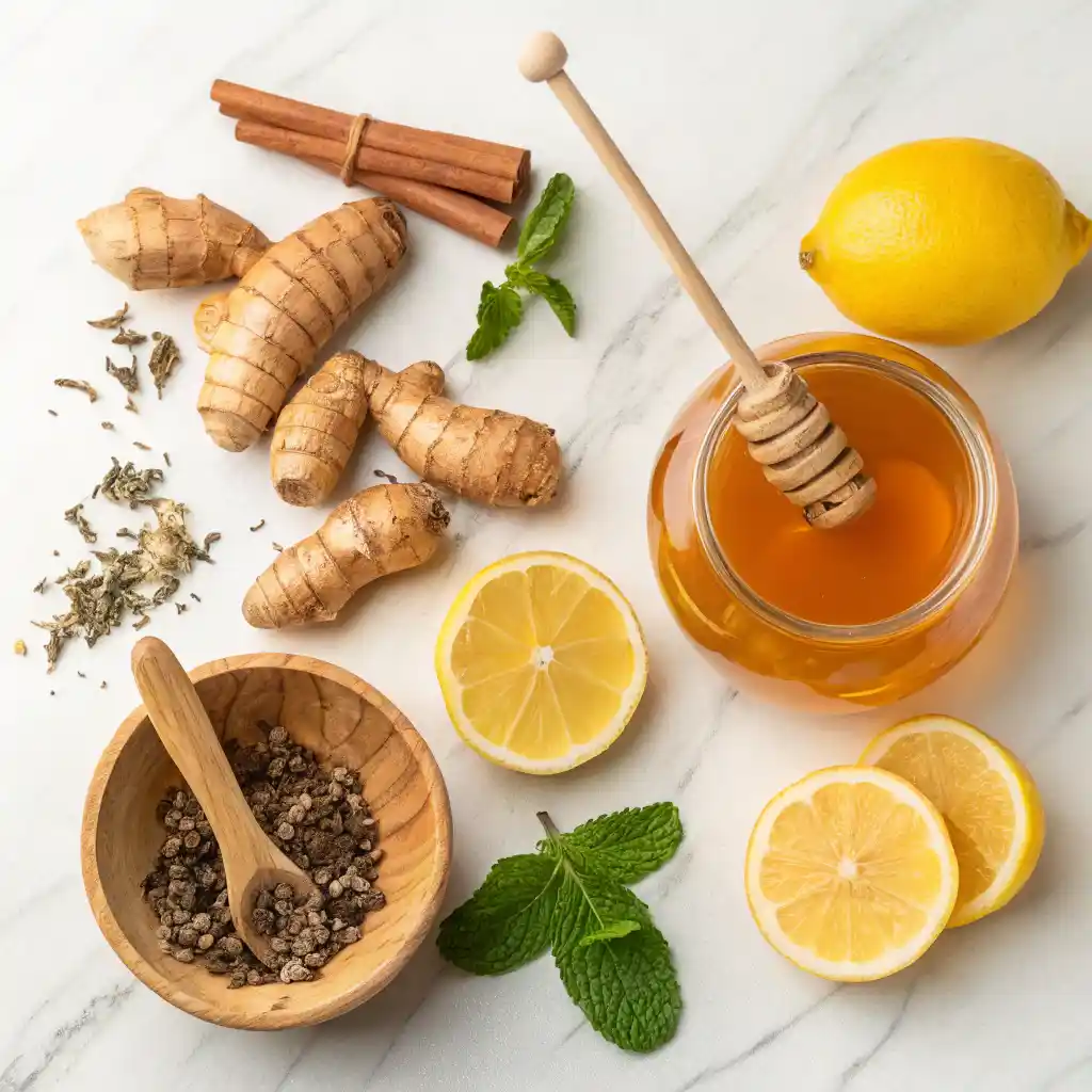 Ingredients for making turmeric honey iced tea including turmeric root, honey, tea leaves, and lemon