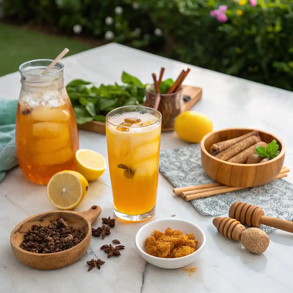 Pouring brewed turmeric tea into pitcher for making iced tea