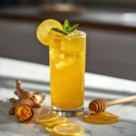 Glass of turmeric honey iced tea with lemon and mint garnish on wooden table