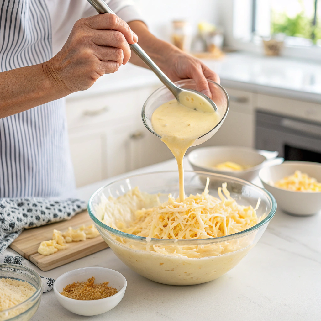 Mixing frozen hash browns with creamy cheese sauce for crockpot cheesy potatoes