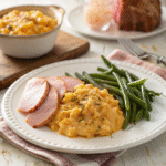 Creamy crockpot cheesy potatoes topped with melted cheddar cheese and green onions in a white slow cooker